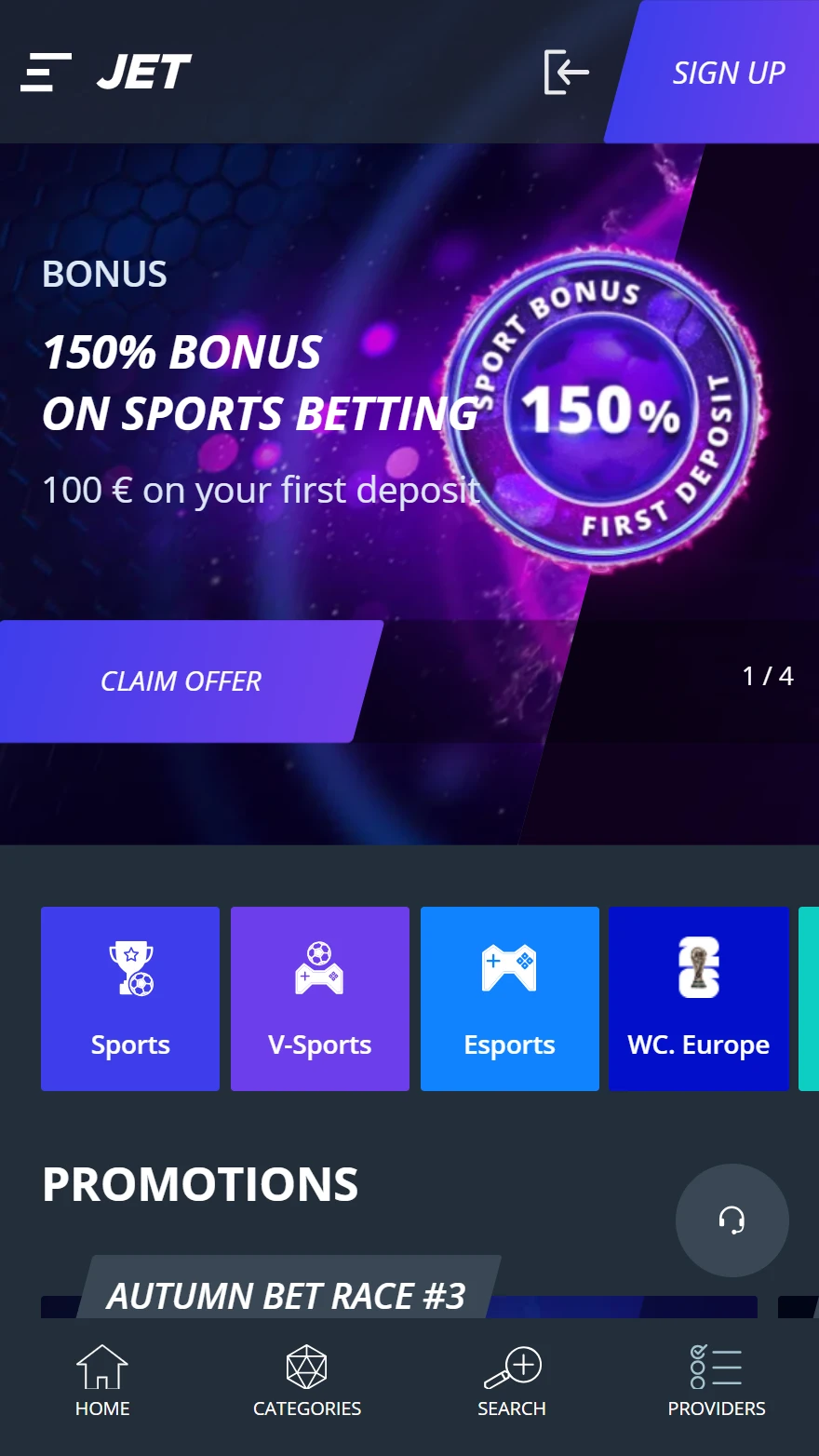 Jet Casino sportfogadás oldala