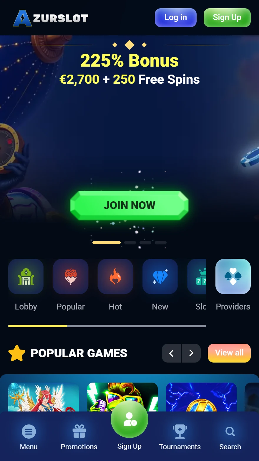 AzurSlot casino homepage