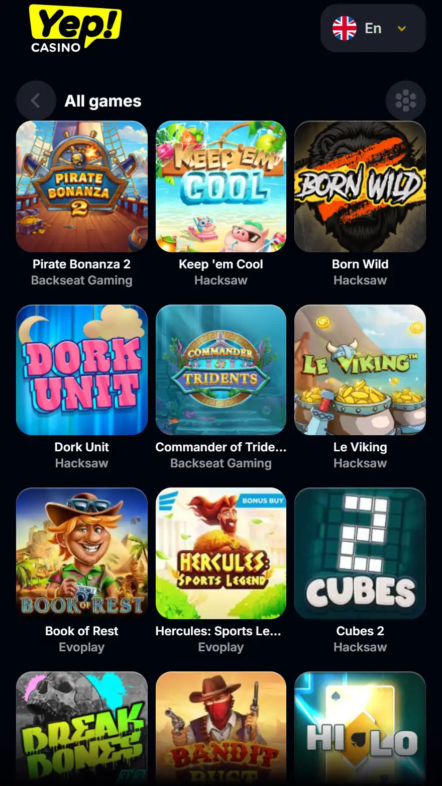 Yep Casino žaidimų puslapis