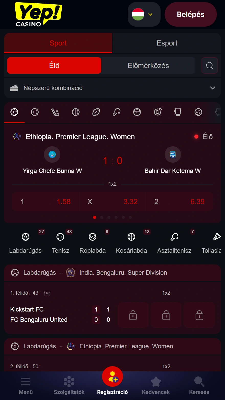 Yep Casino sportfogadás oldala
