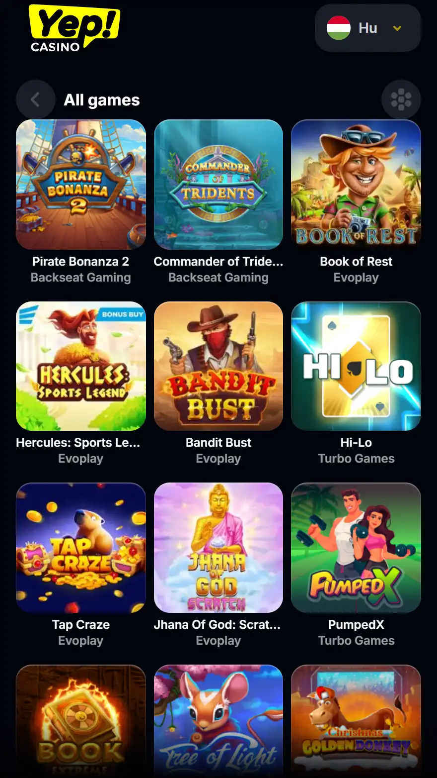 Yep Casino játékok oldala