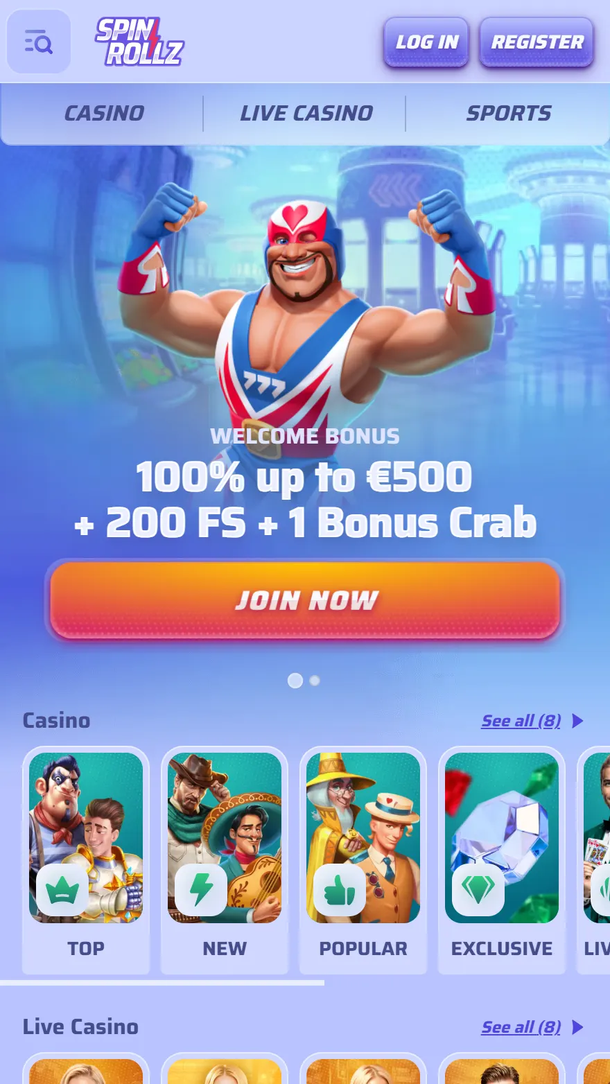 Spinrollz Casino homepage