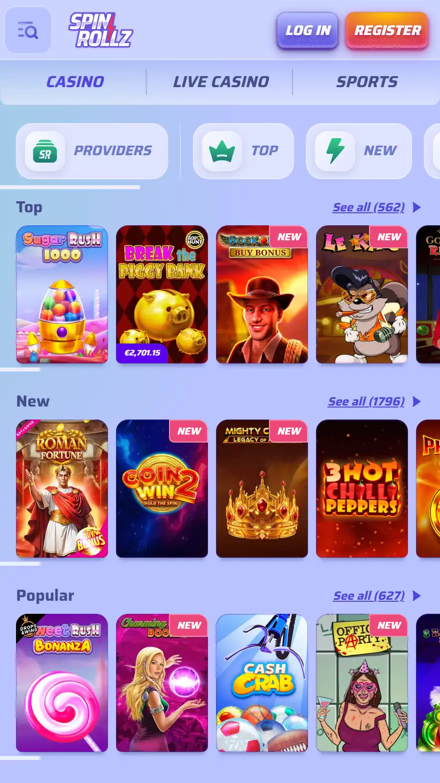 Spinrollz Casino games page