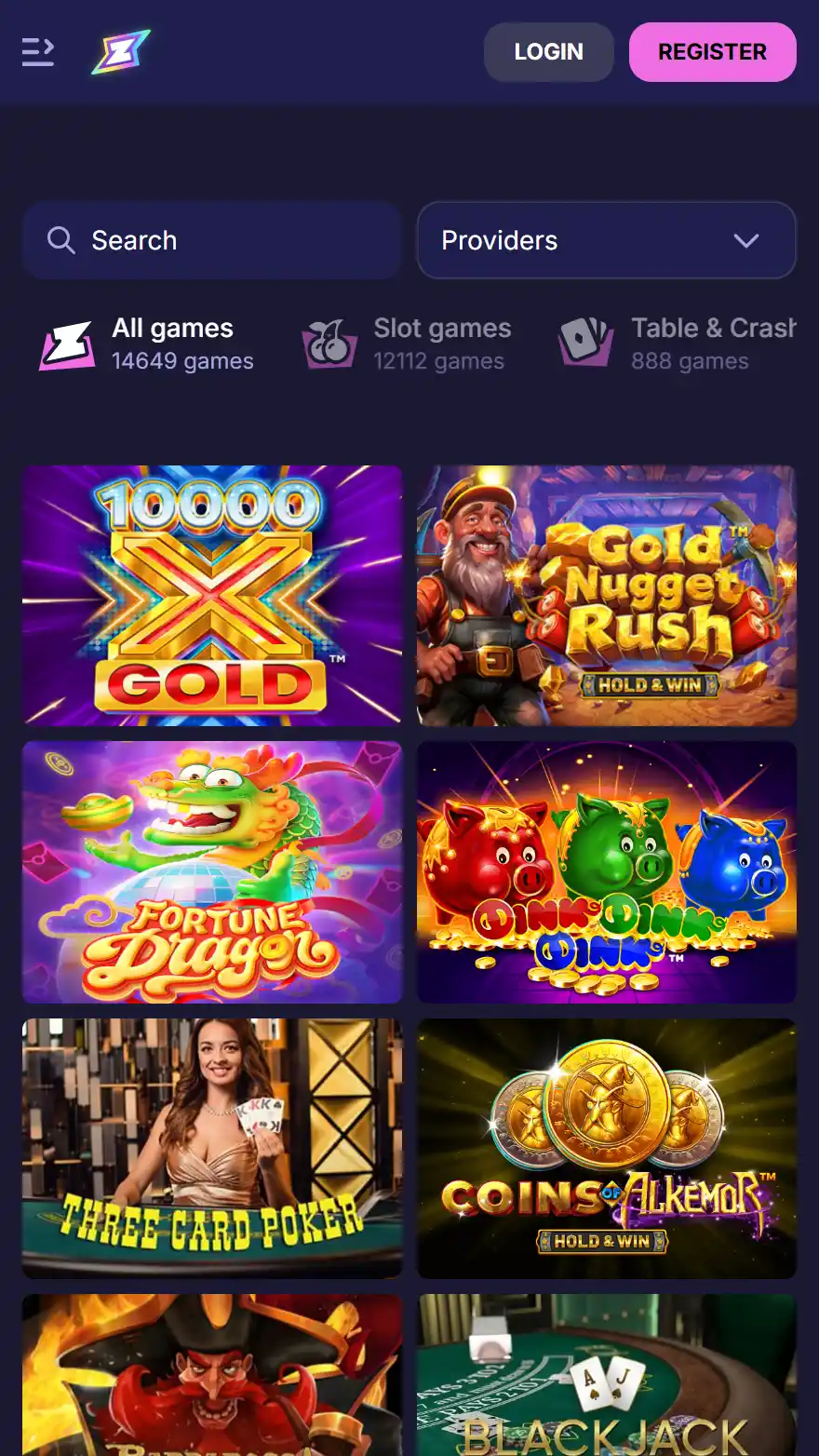 Rizzio kazino spēļu lapa