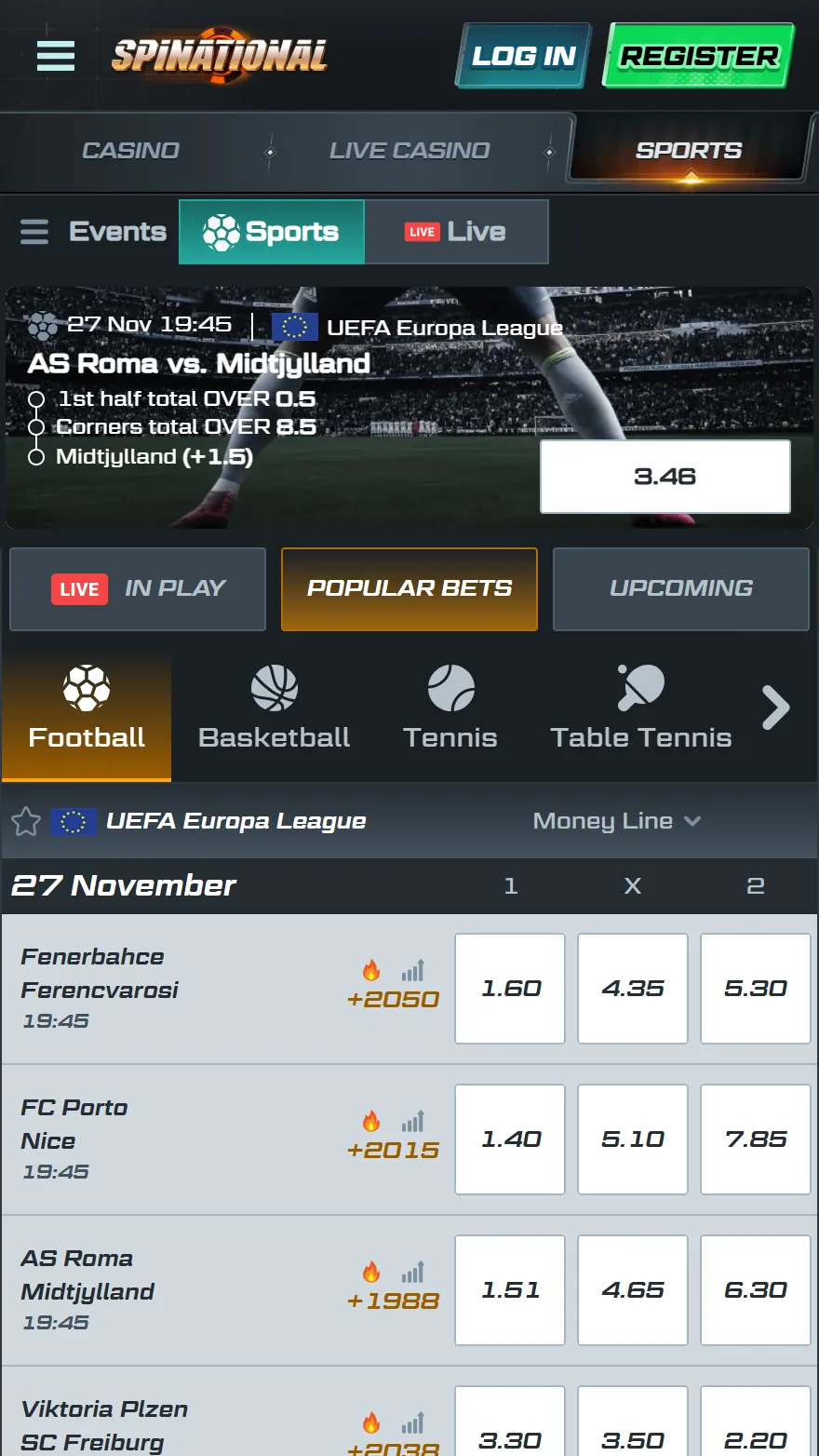 Spinational sports betting page