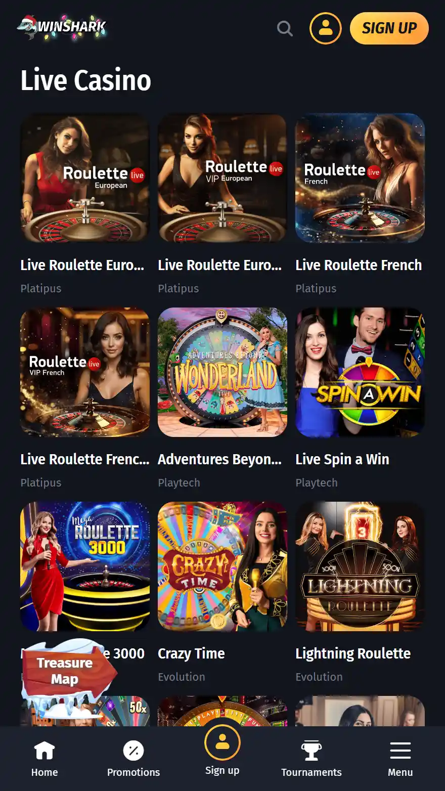 WinShark live casino page