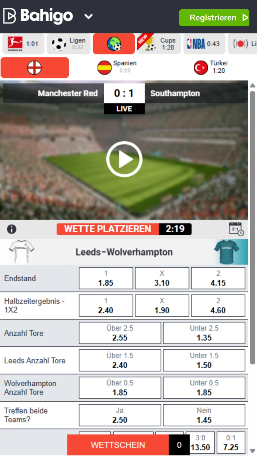 Bahigo Virtueller Sport-seite