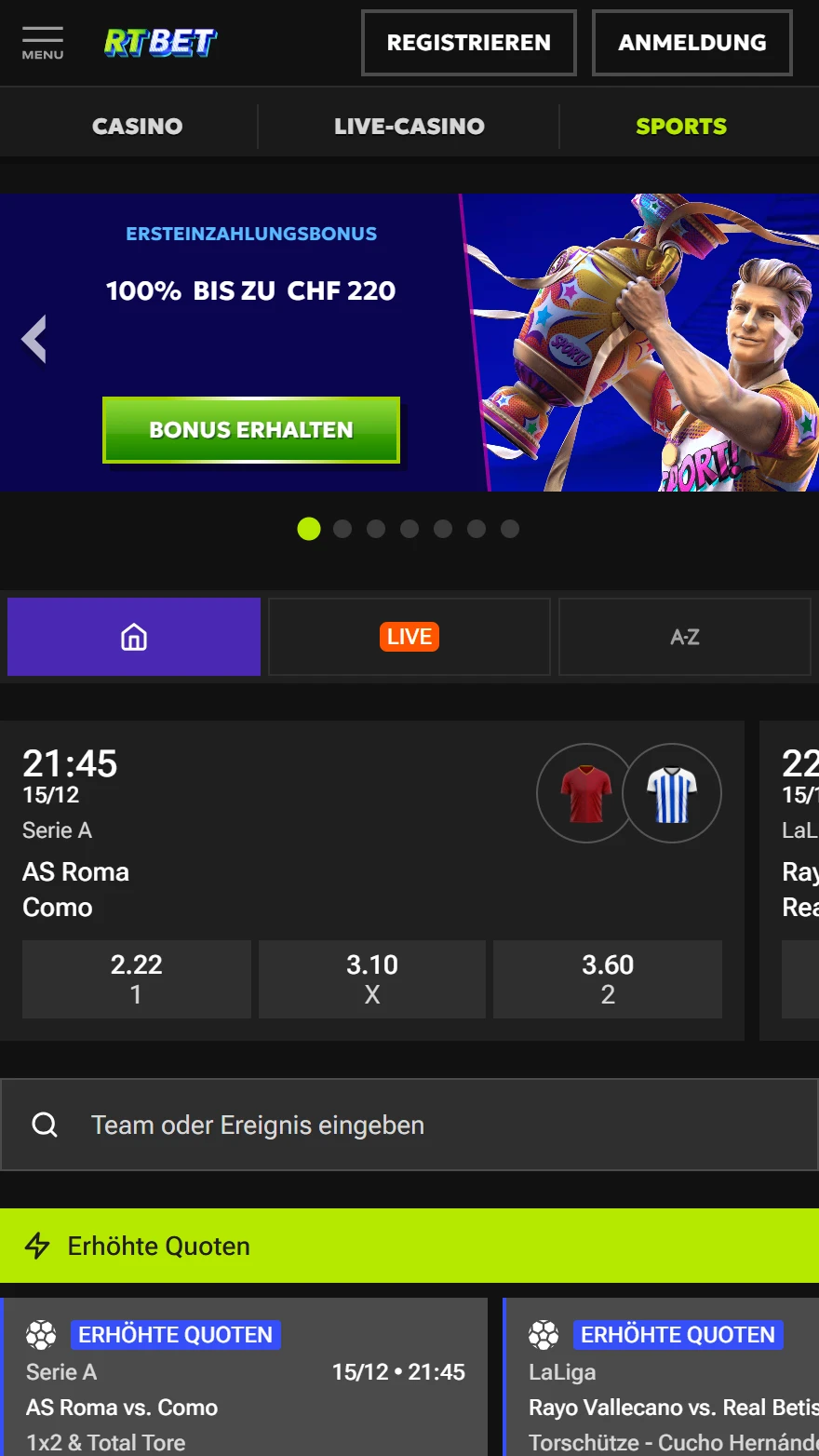 RTBet Sportwetten-seite