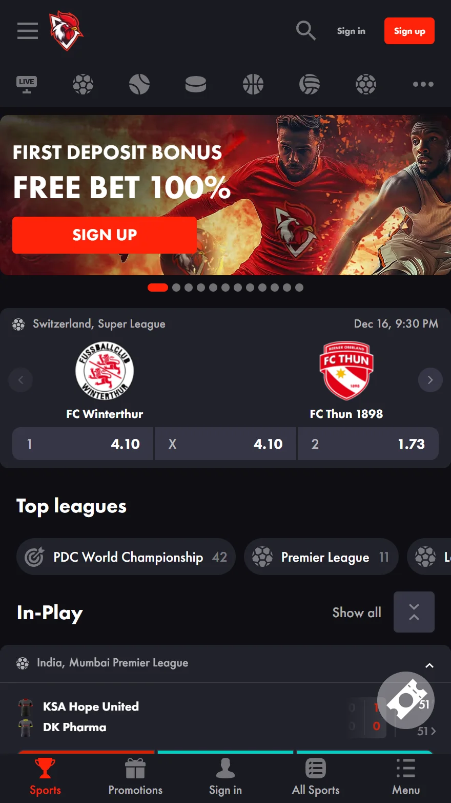 Rooster.bet Sportwetten-seite