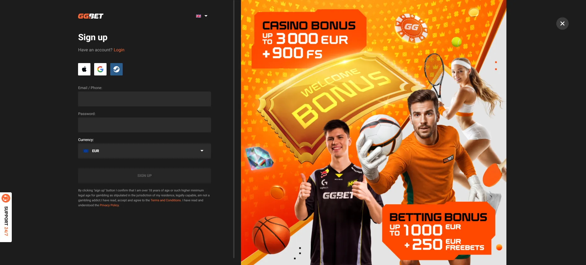 GGBet Registrierungsseite