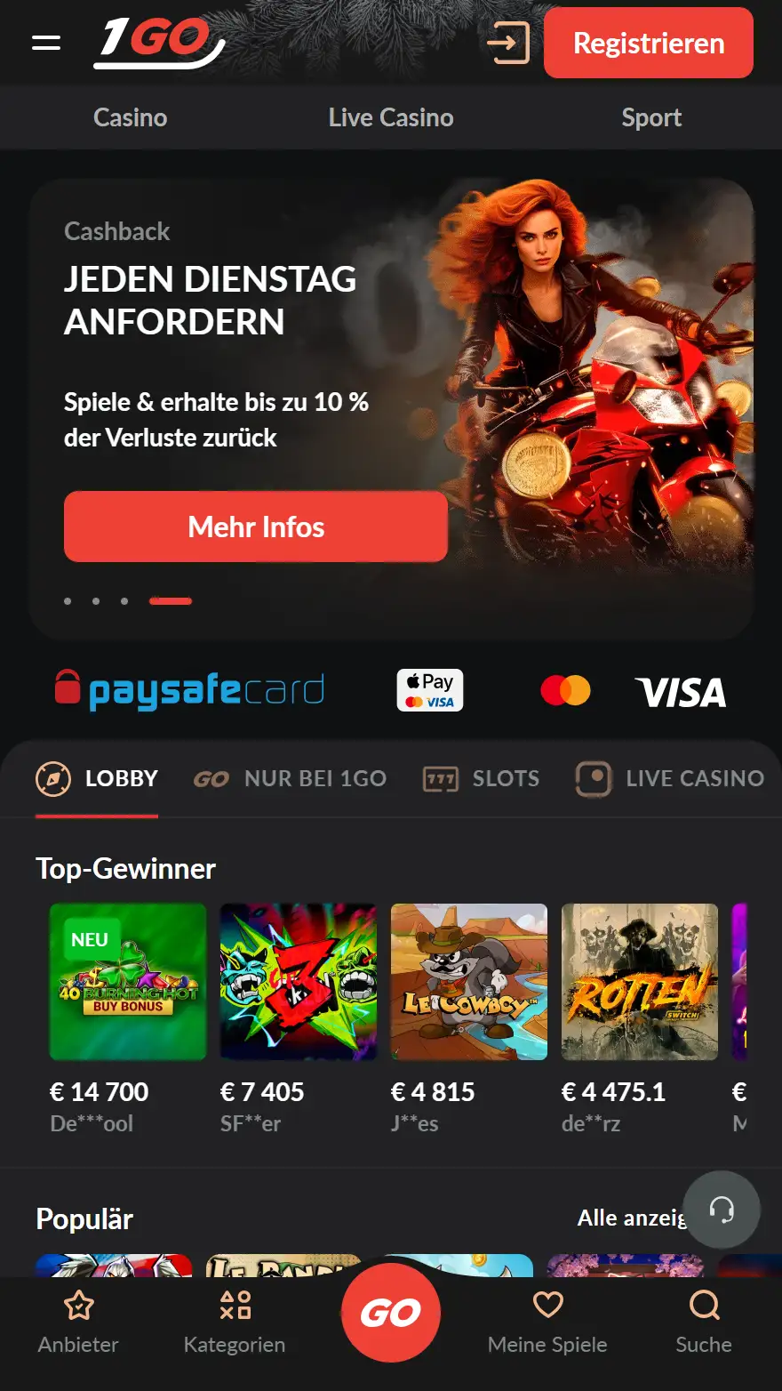 1Go Casino Startseite