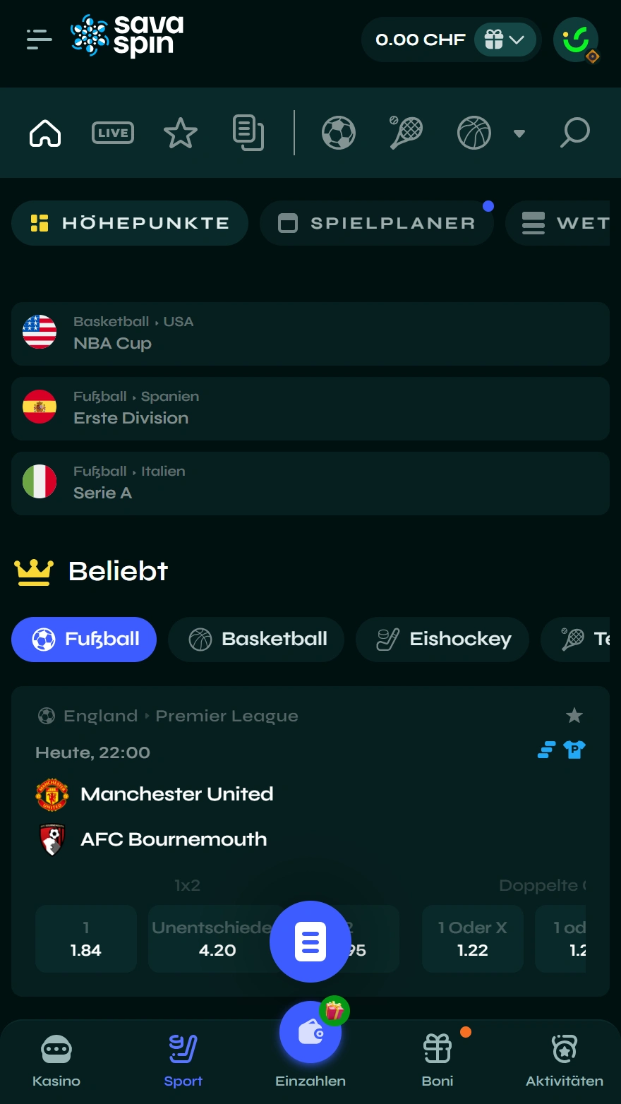 Savaspin Sportwetten-Seite