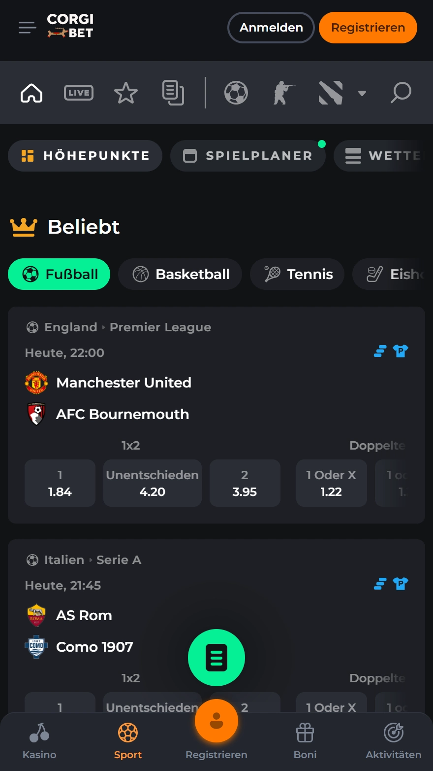 CorgiBet Sportwetten-Seite