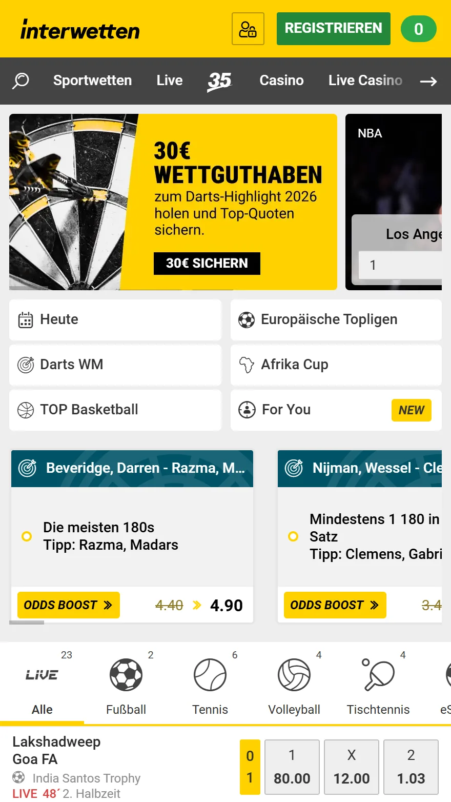 Interwetten Sportwettenseite