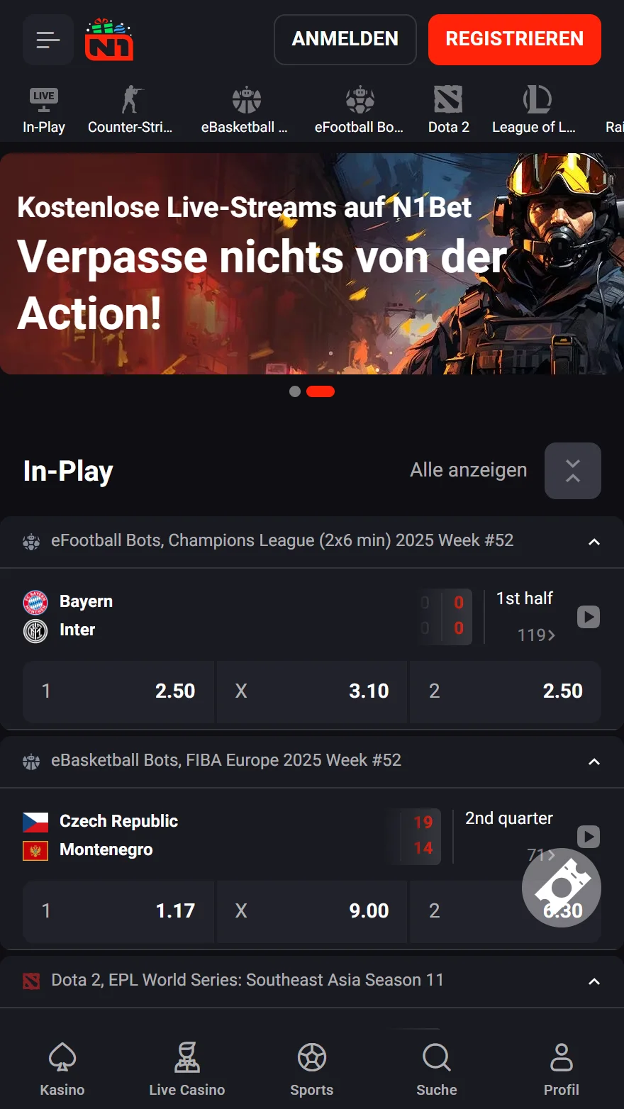 N1Bet e-Sport-Wettenseite