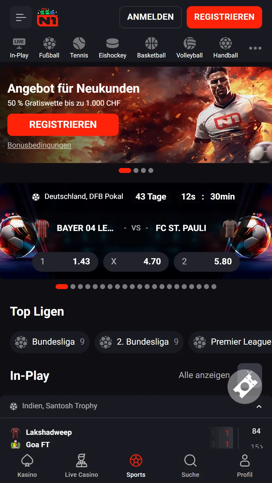 N1Bet Sportwetten-Seite