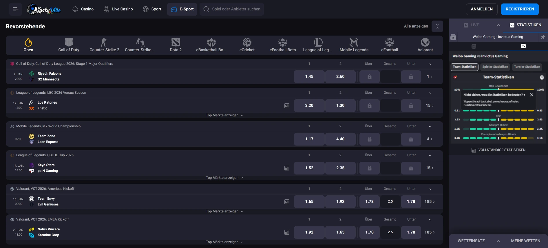 LuckyVibe E-Sport-Wetten