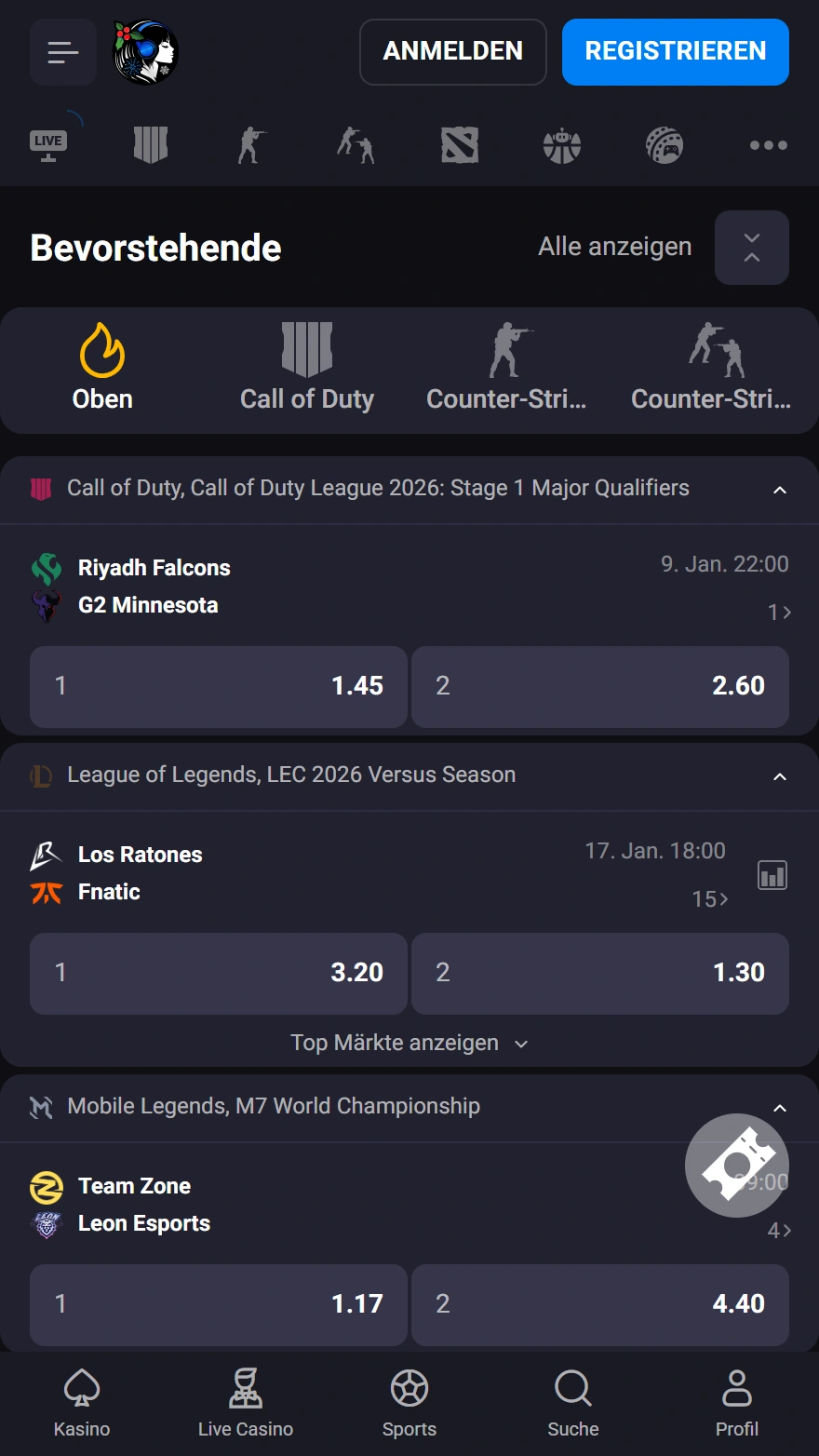 LuckyVibe Sportwetten-Seite