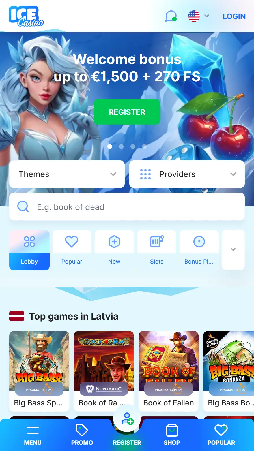 ICE Casino sākuma lapa