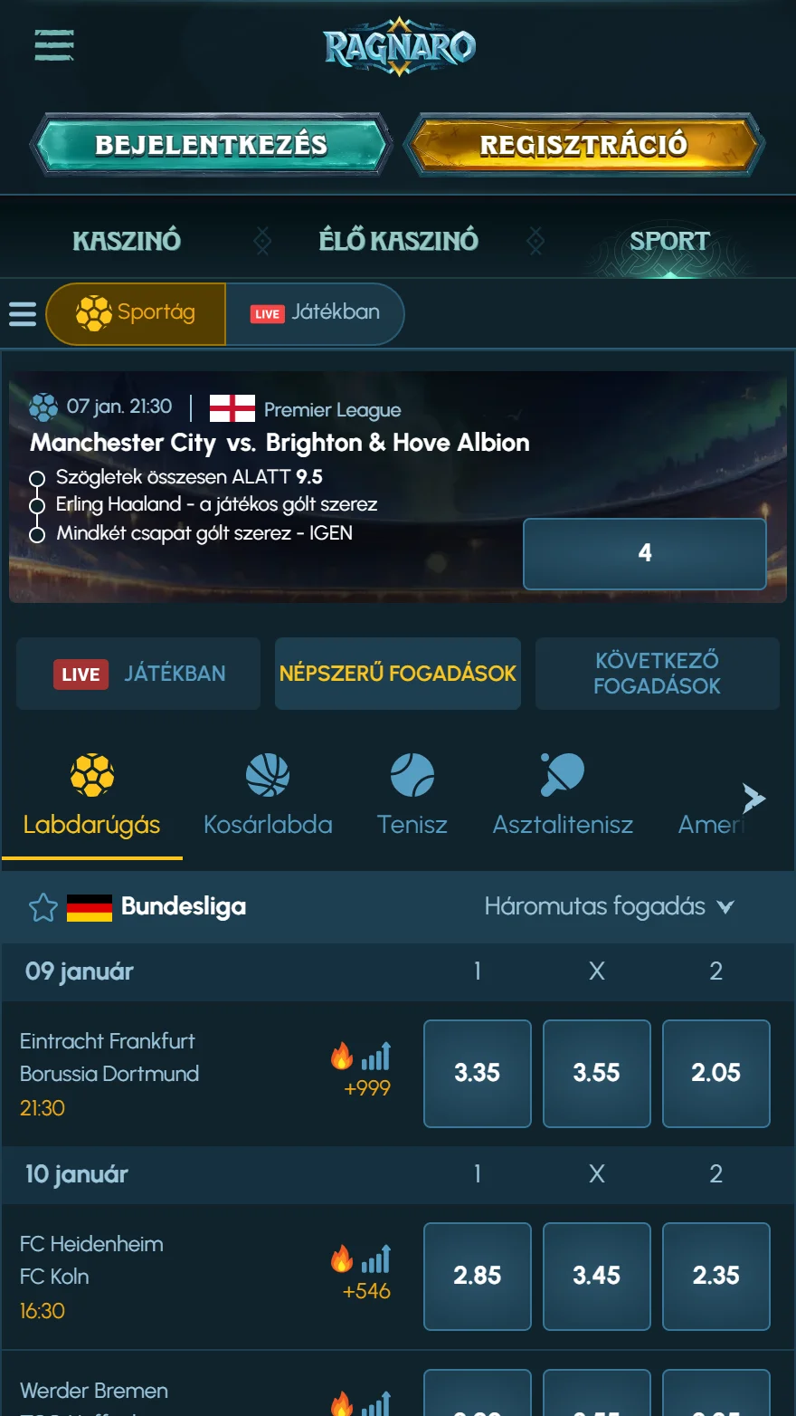 Ragnaro sportfogadás oldala