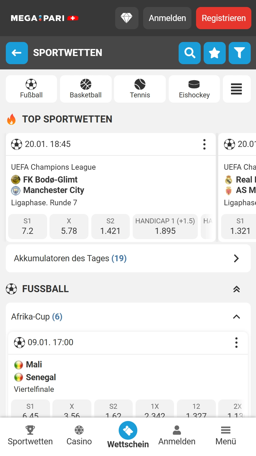 Megapari-Sportwettenseite