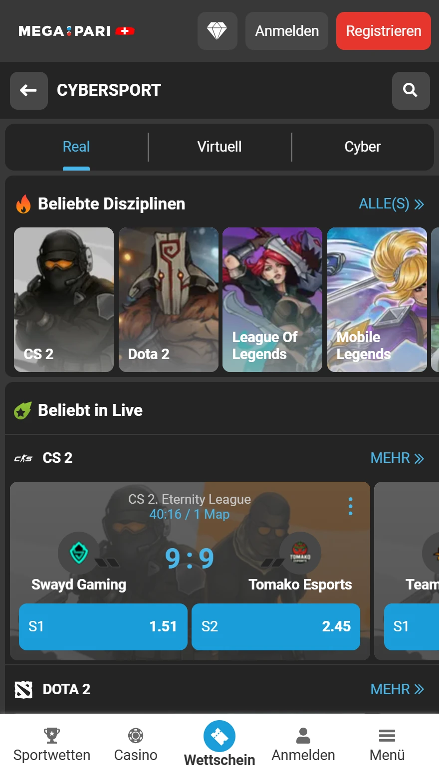 Megapari E-Sport-Wettseite