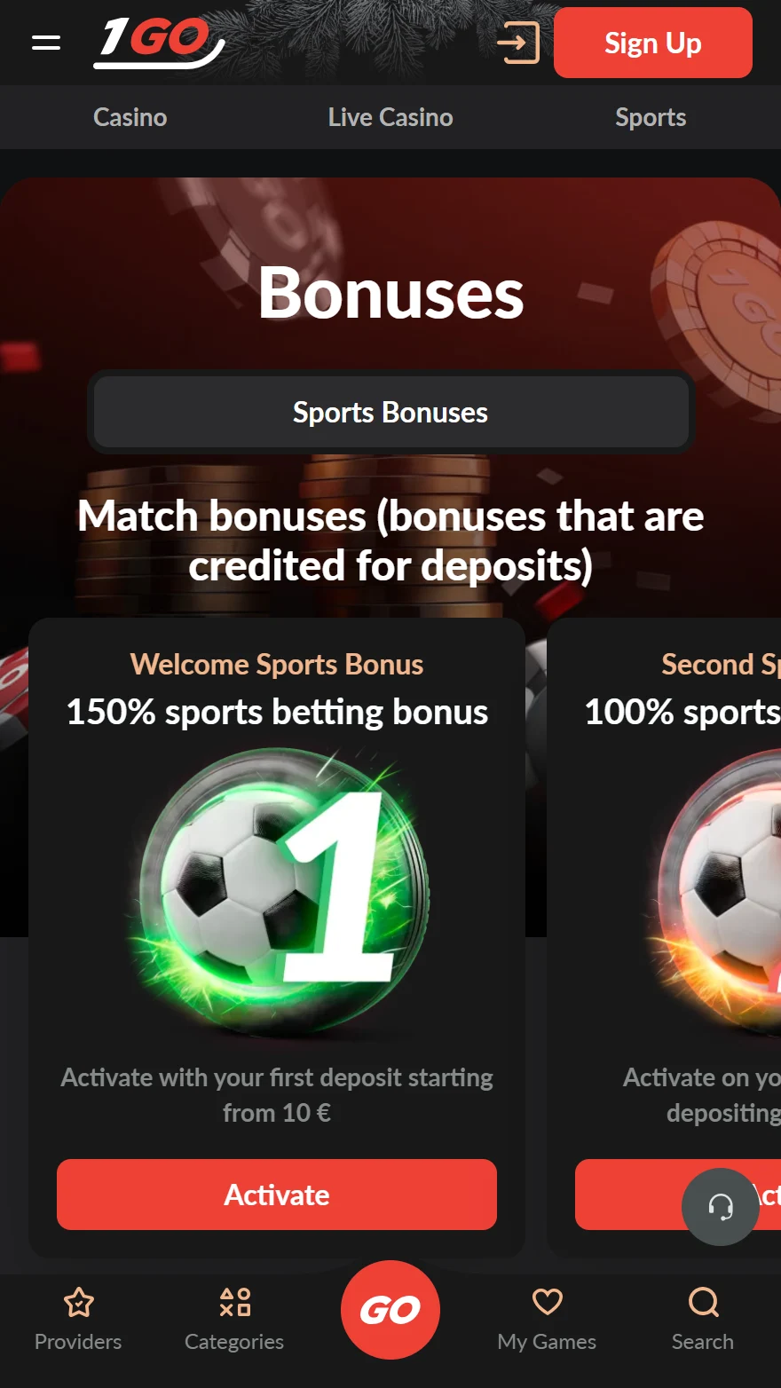 1Go Casino totalizatora bonusi