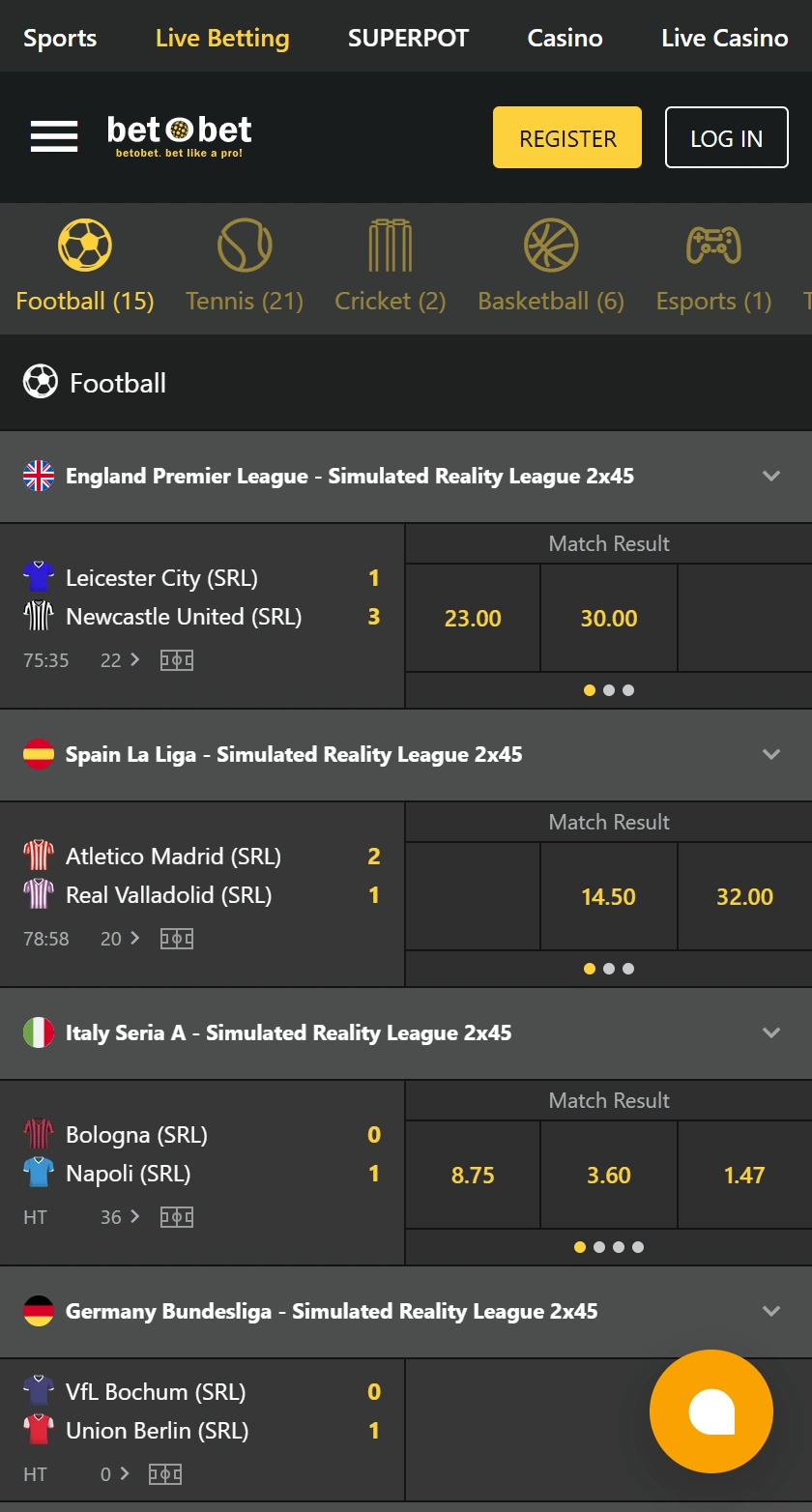 BetObet live likmju lapa