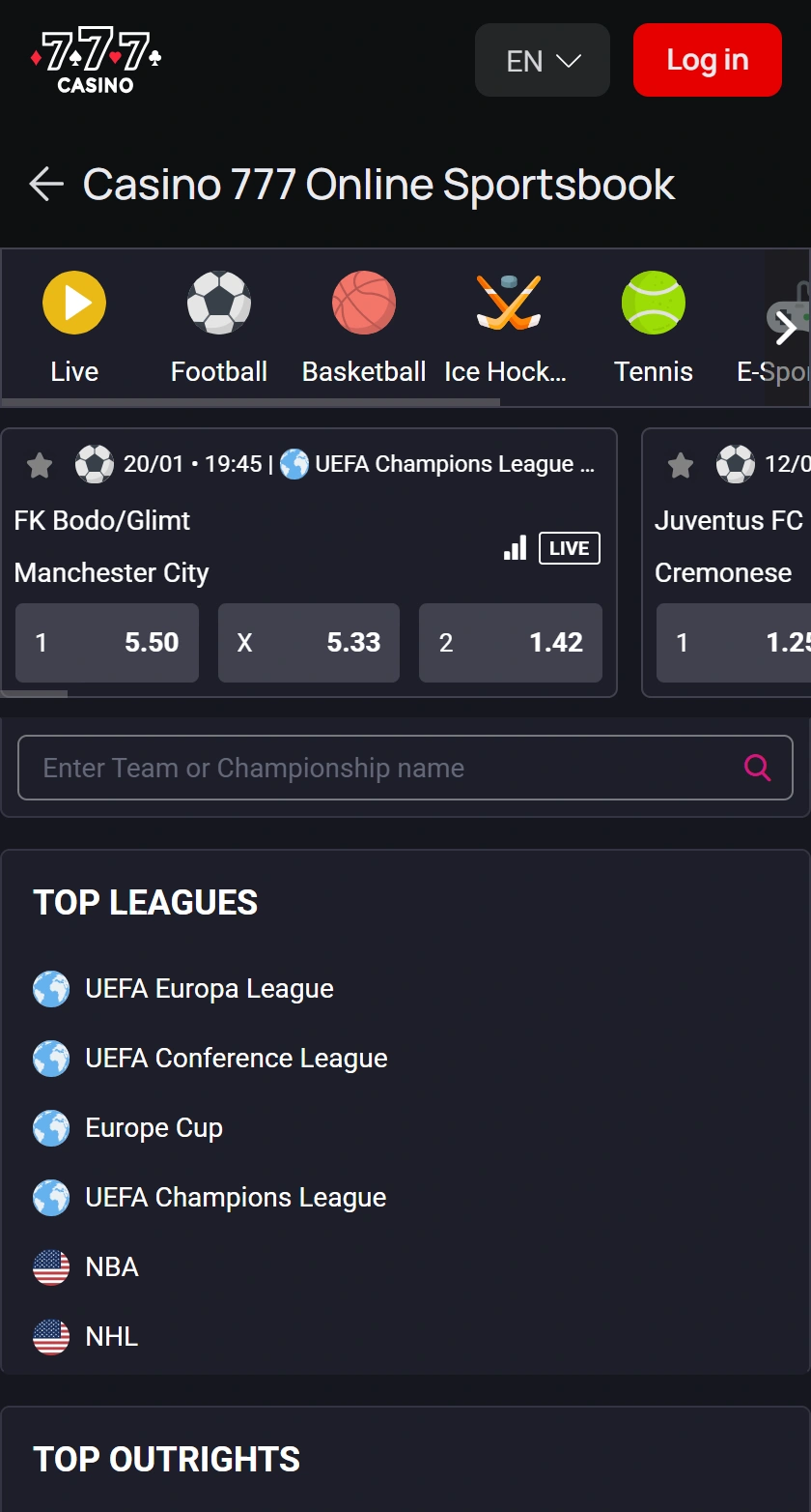 Casino777 sporta likmju lapa