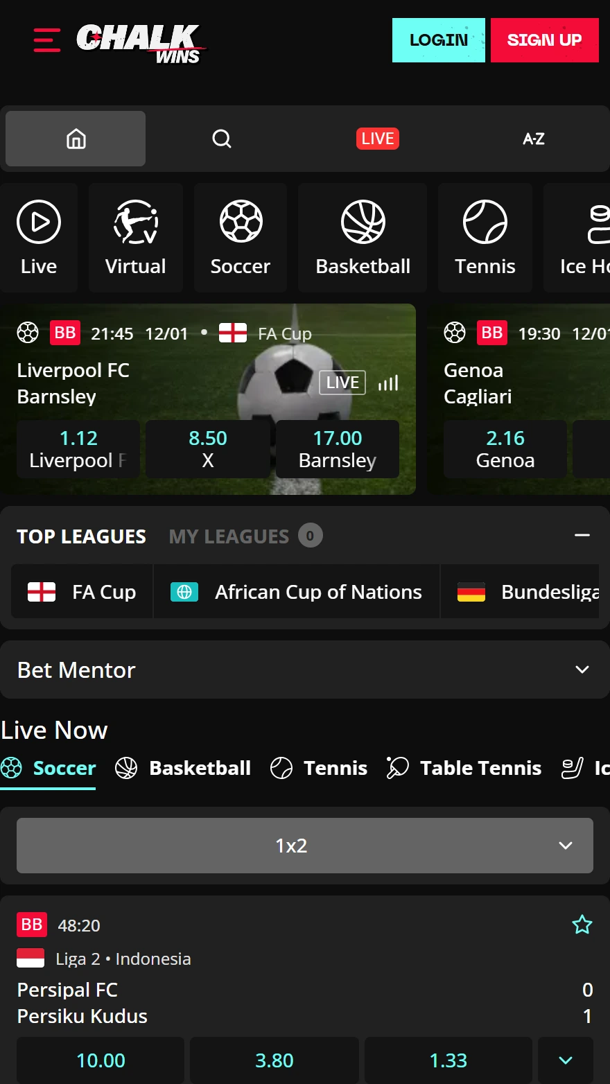 ChalkWins sporta likmju lapa