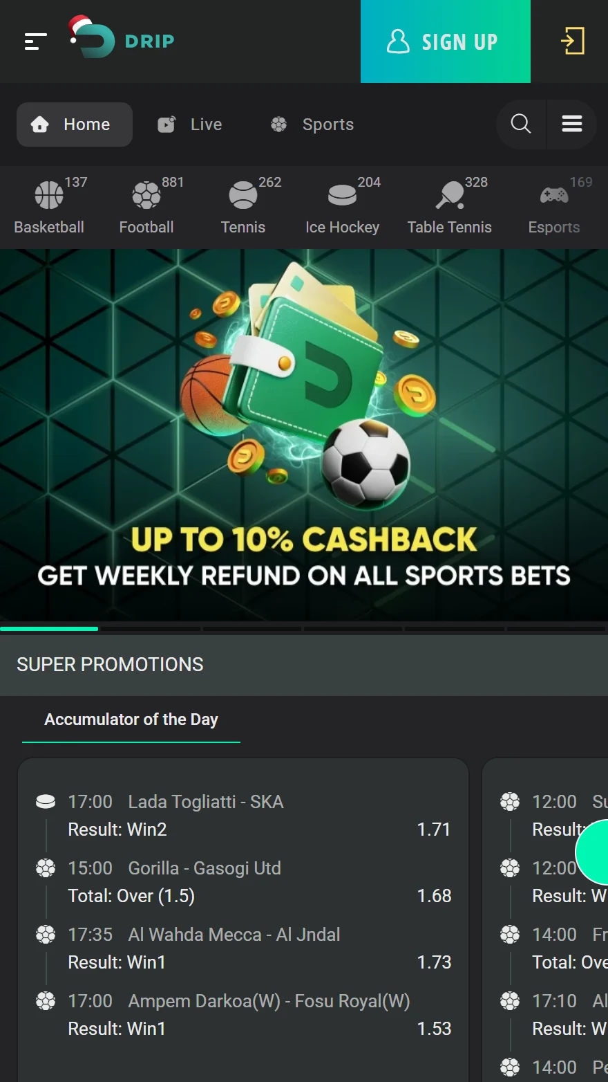 Drip Casino sporta likmju lapa