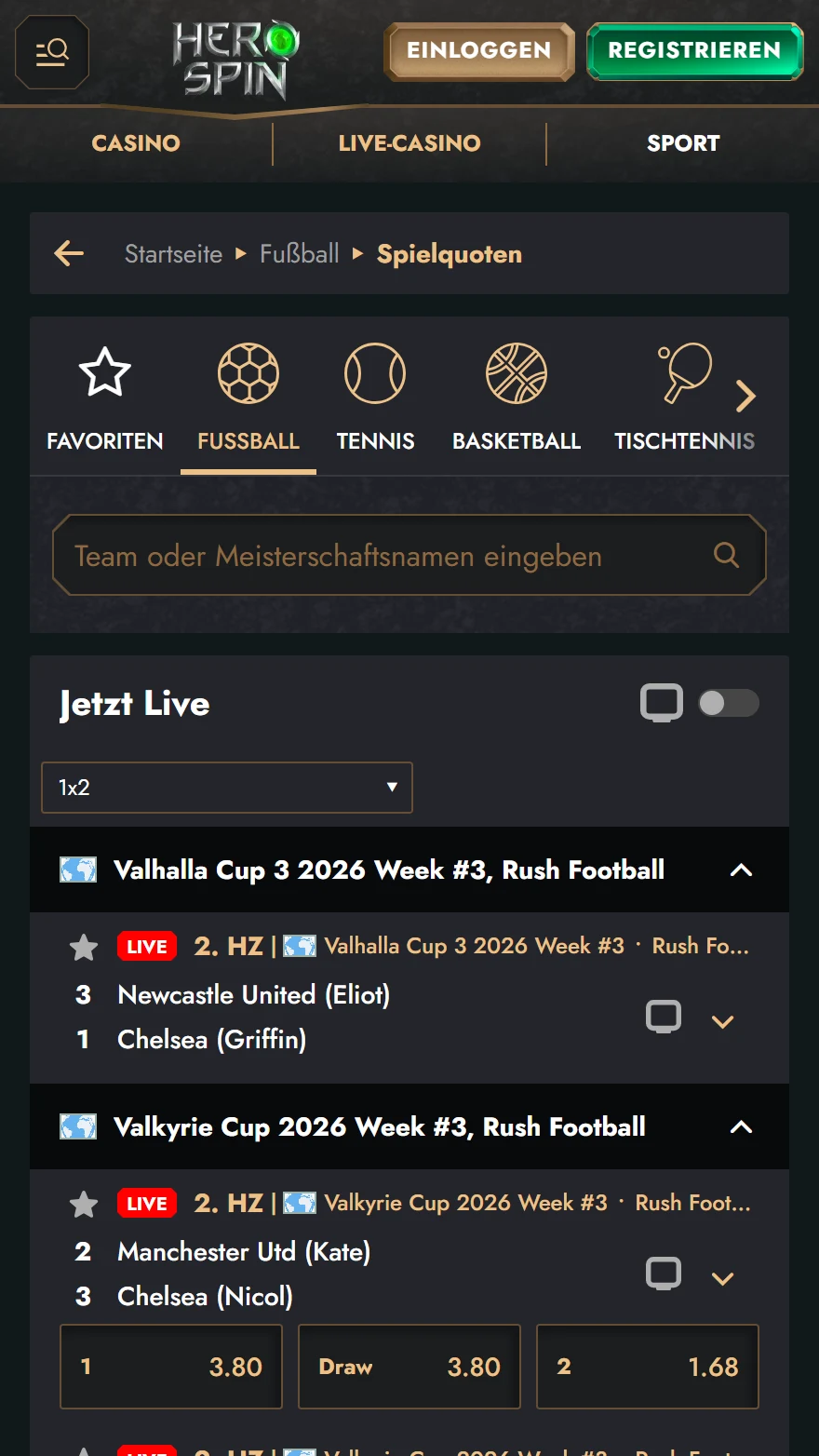 HeroSpin Live-Sportwetten-Seite