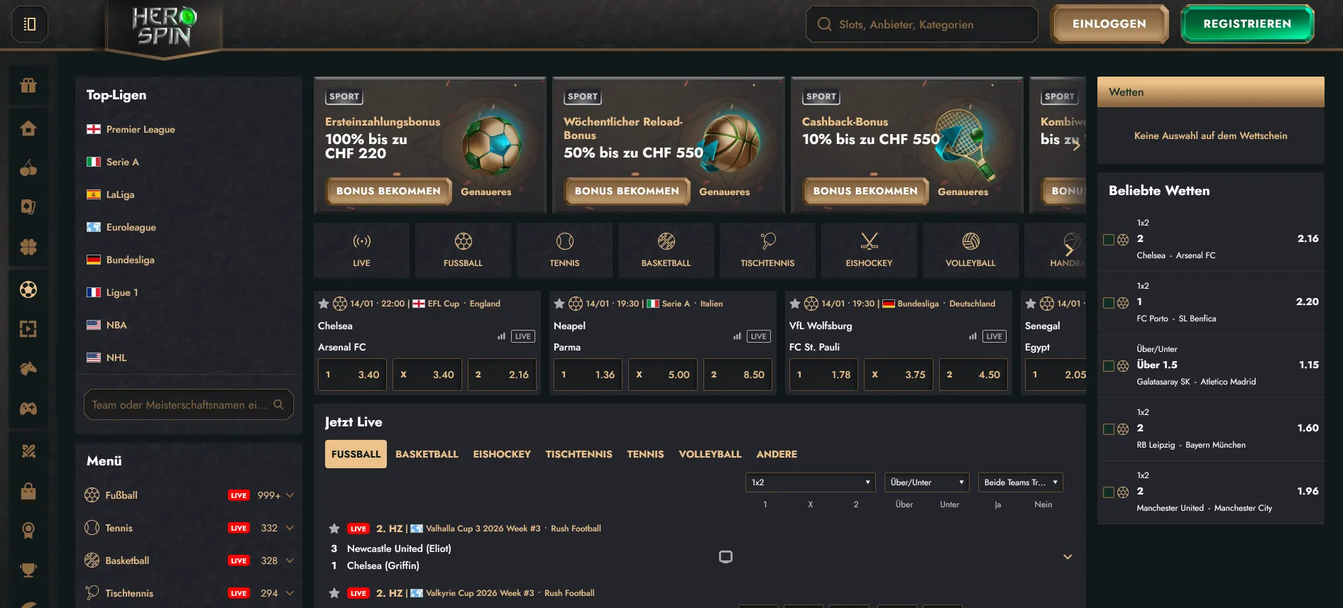 HeroSpin Sportwetten-Seite