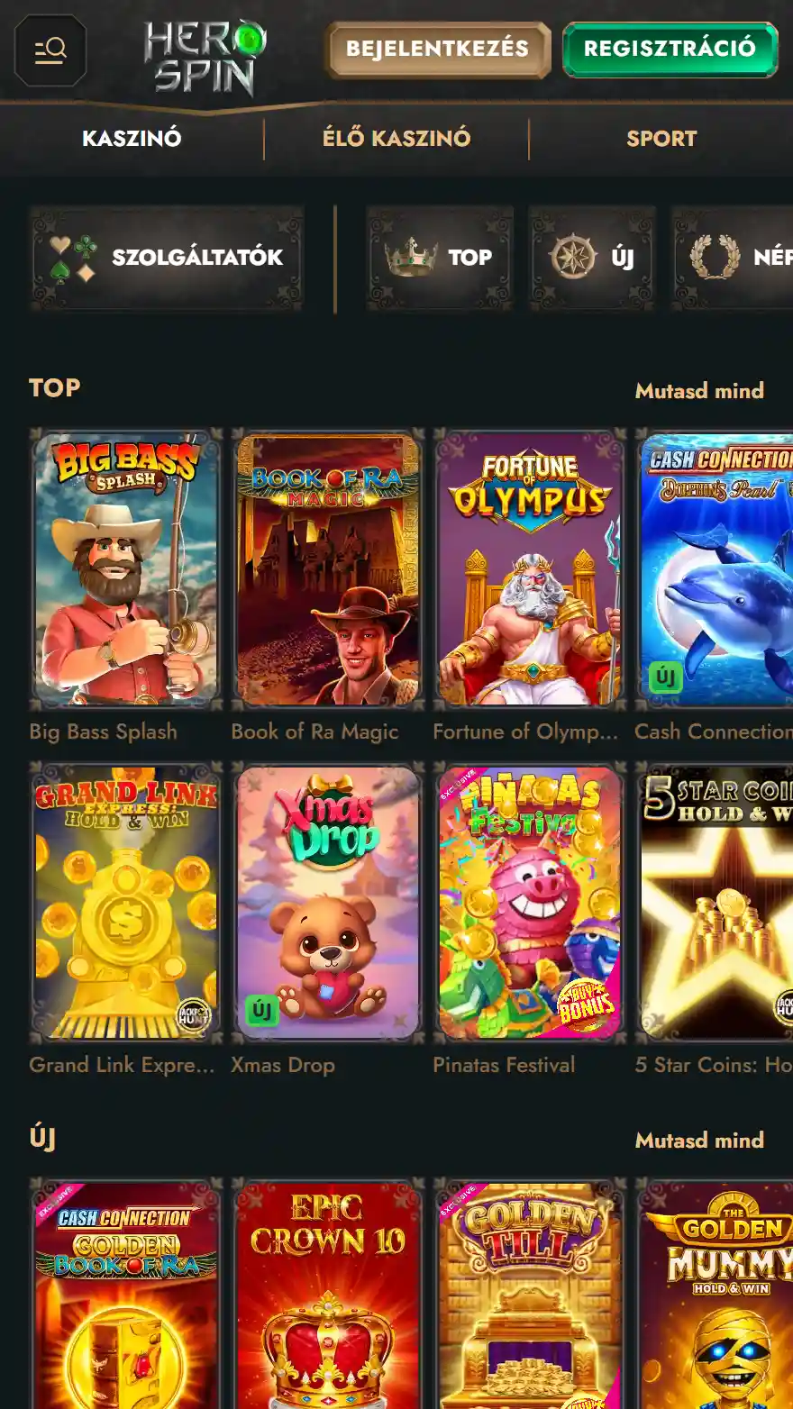 HeroSpin kaszinójátékok oldala