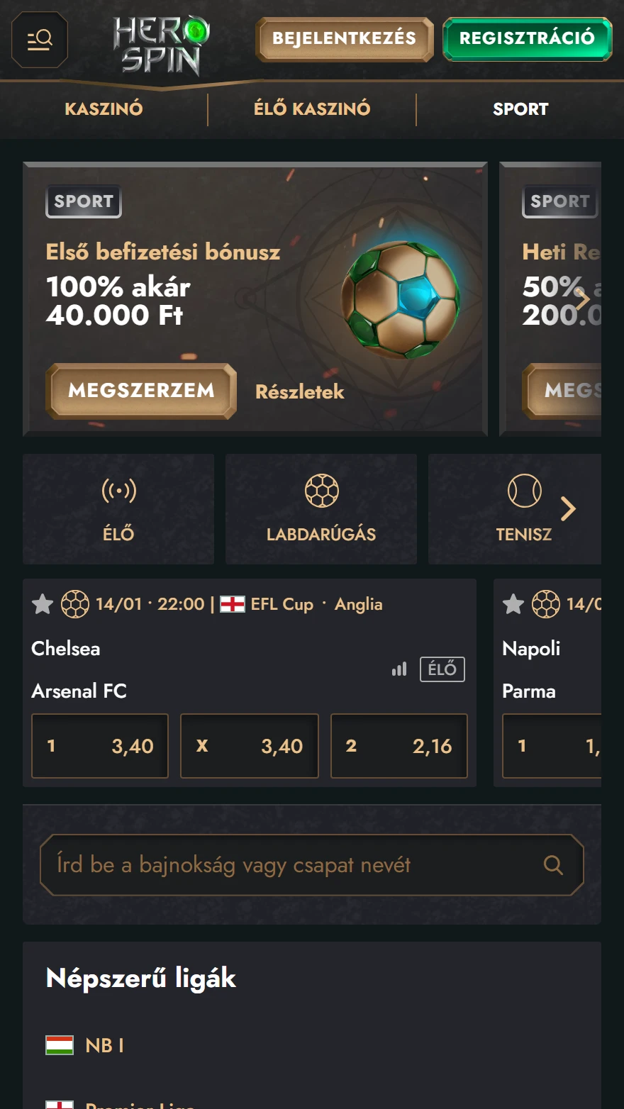 HeroSpin sportfogadás oldala