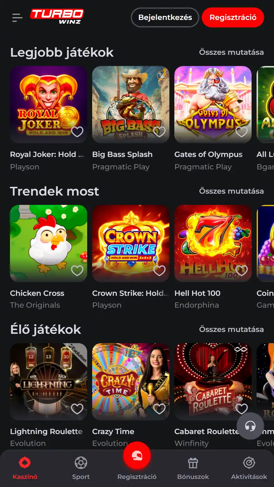 TurboWinz Casino játékok oldala