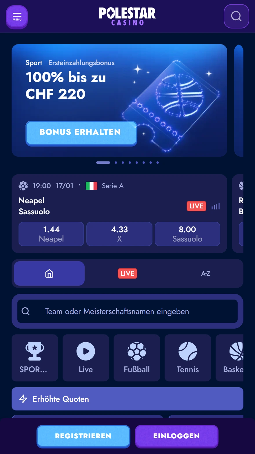 Polestar Casino Sportwetten-Seite