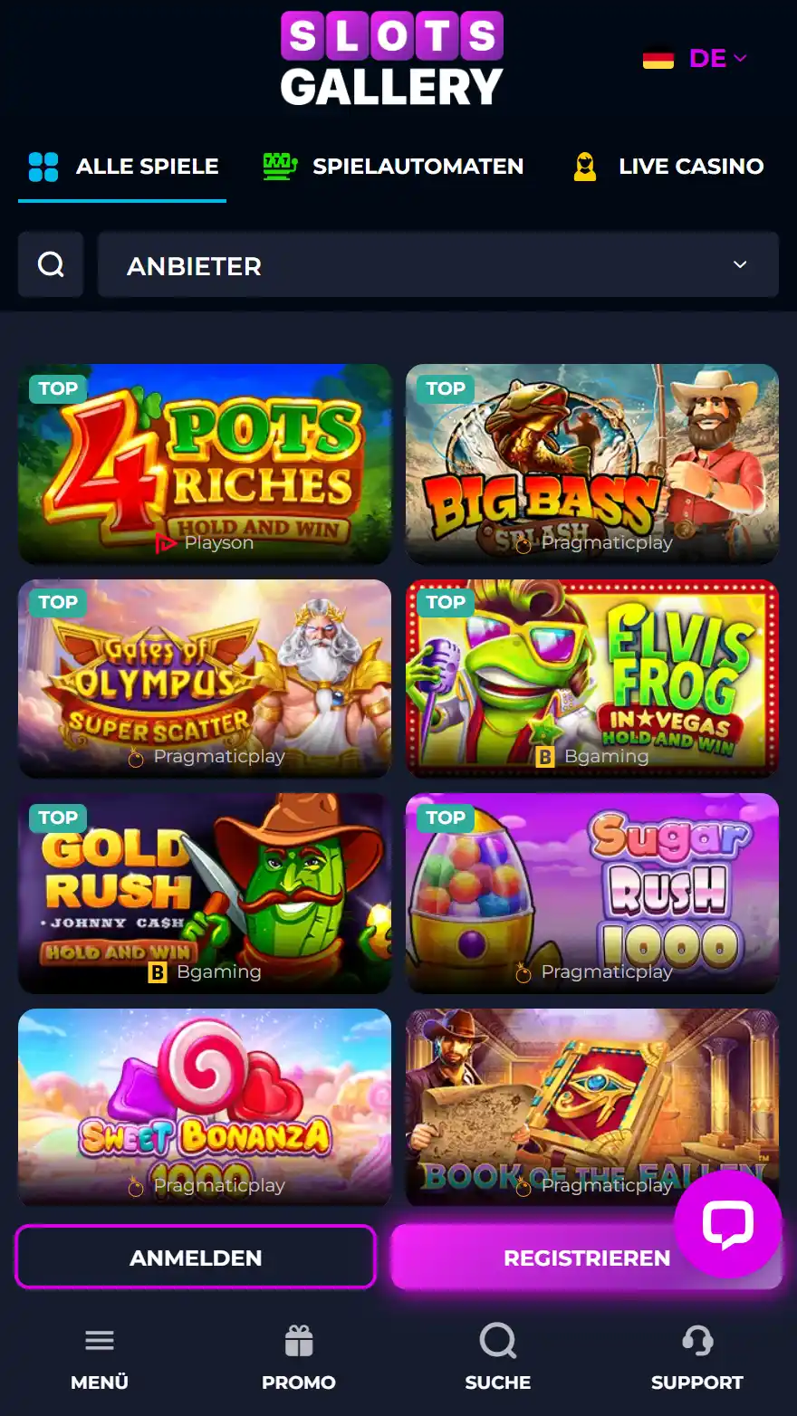 Slots Gallery Casino-Spieleseite