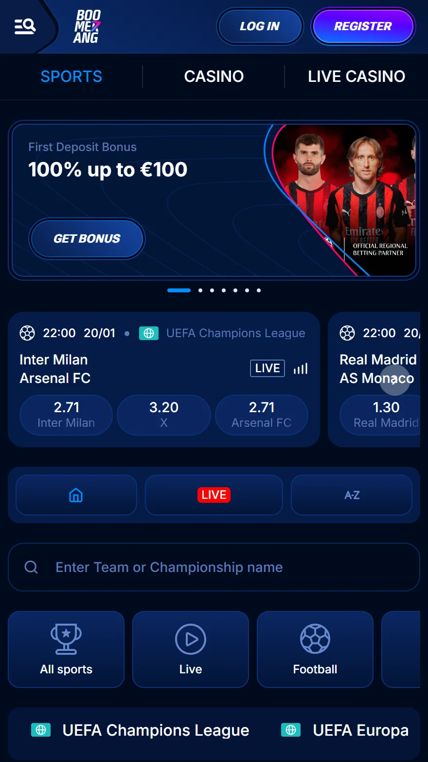 Boomerang Bet страница ставок на спорт