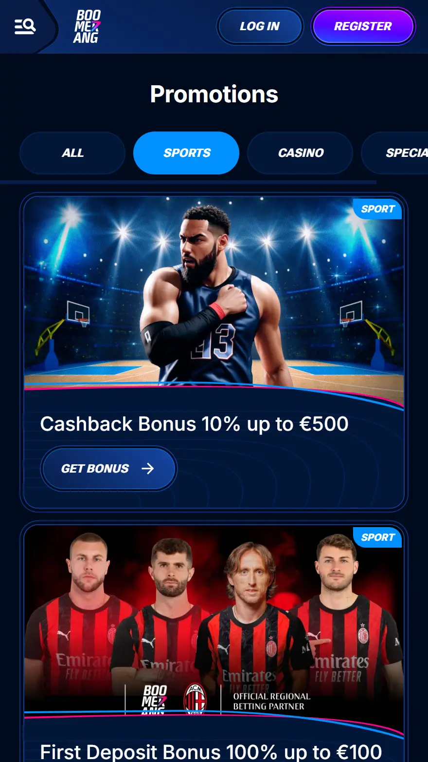 Boomerang Bet страница бонусов