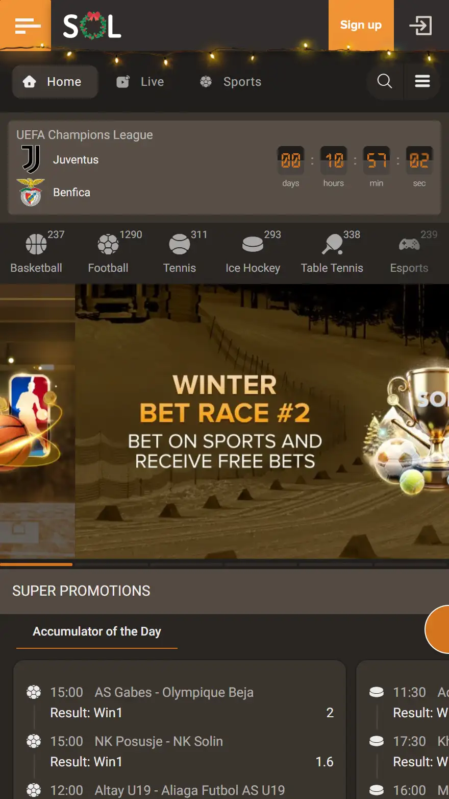 Sol Casino ставки на спорт