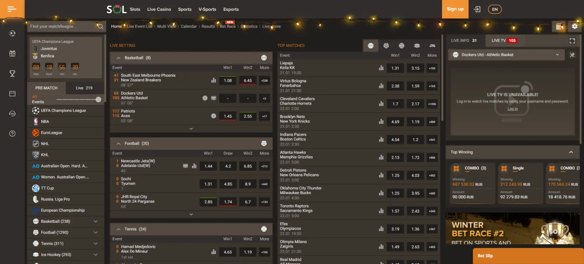 Sol Casino страница ставок на спорт