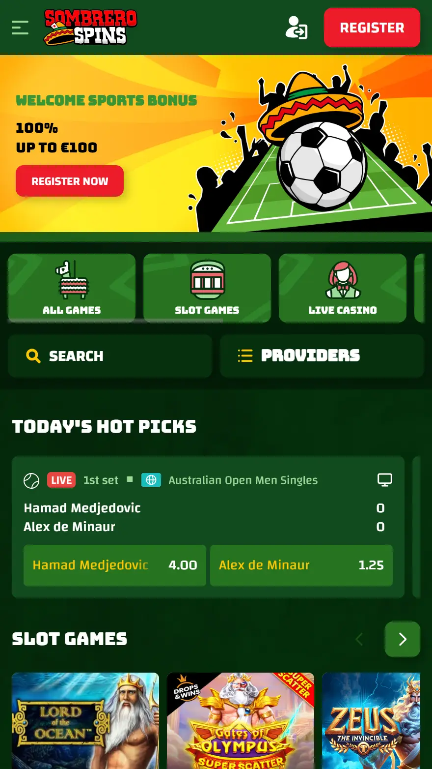 Sombrero Spins страница тотализатора