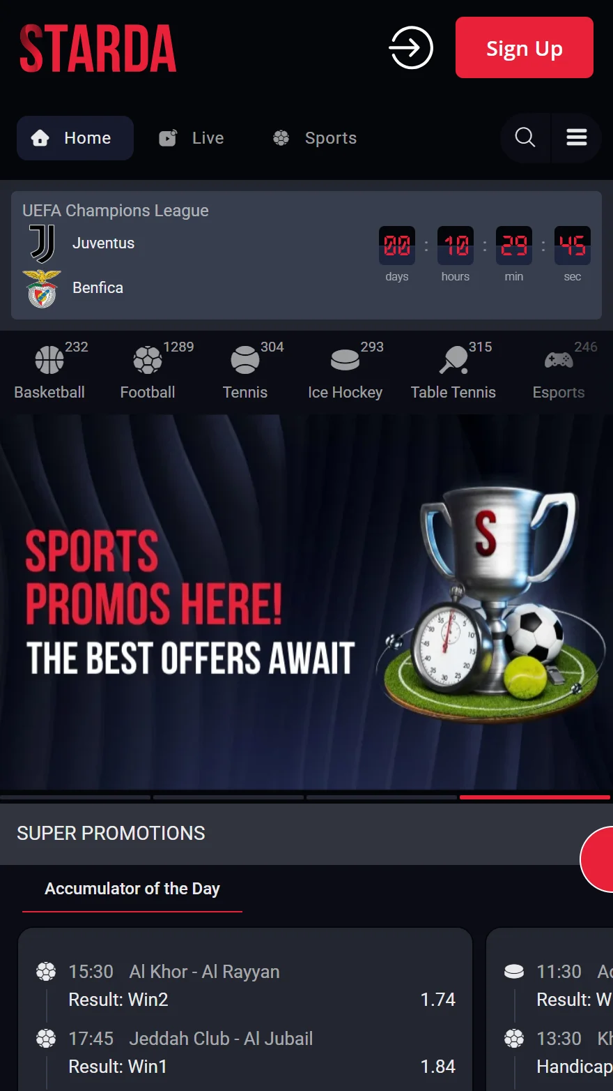 Starda Casino страница ставок на спорт