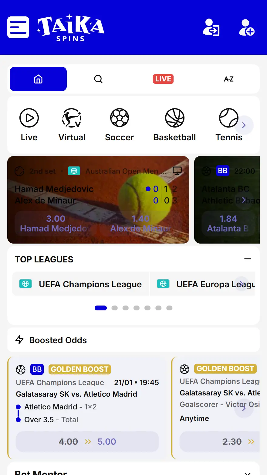 TaikaSpins страница ставок на спорт