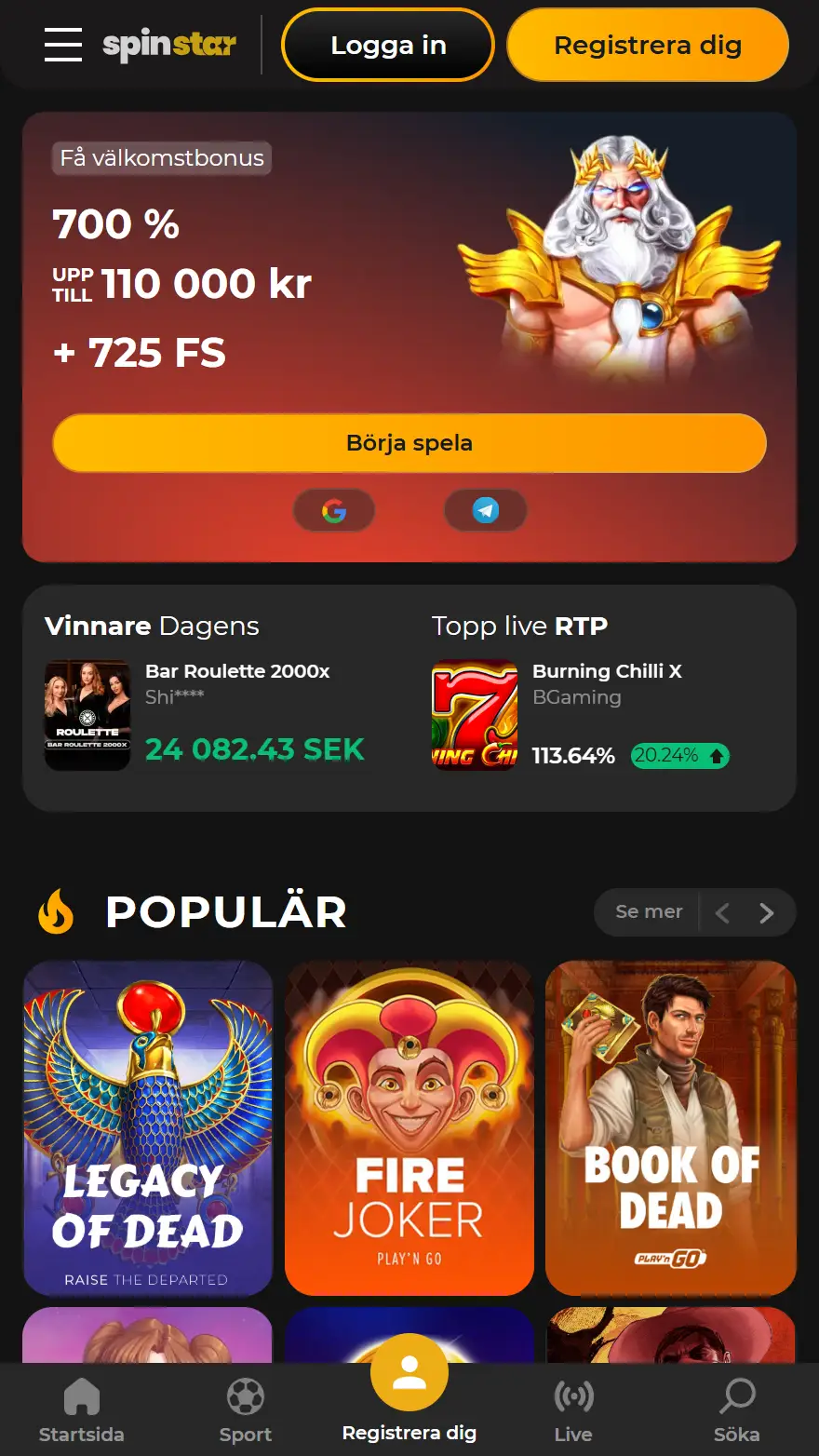 Spinstar Casino hemsida