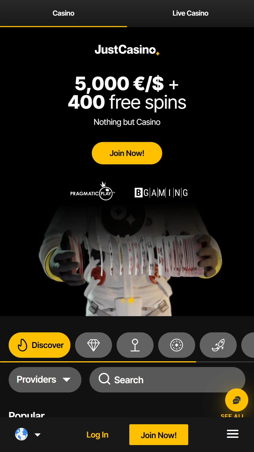 Just Casino početna stranica