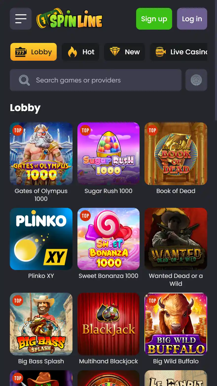 Spinline casino games page