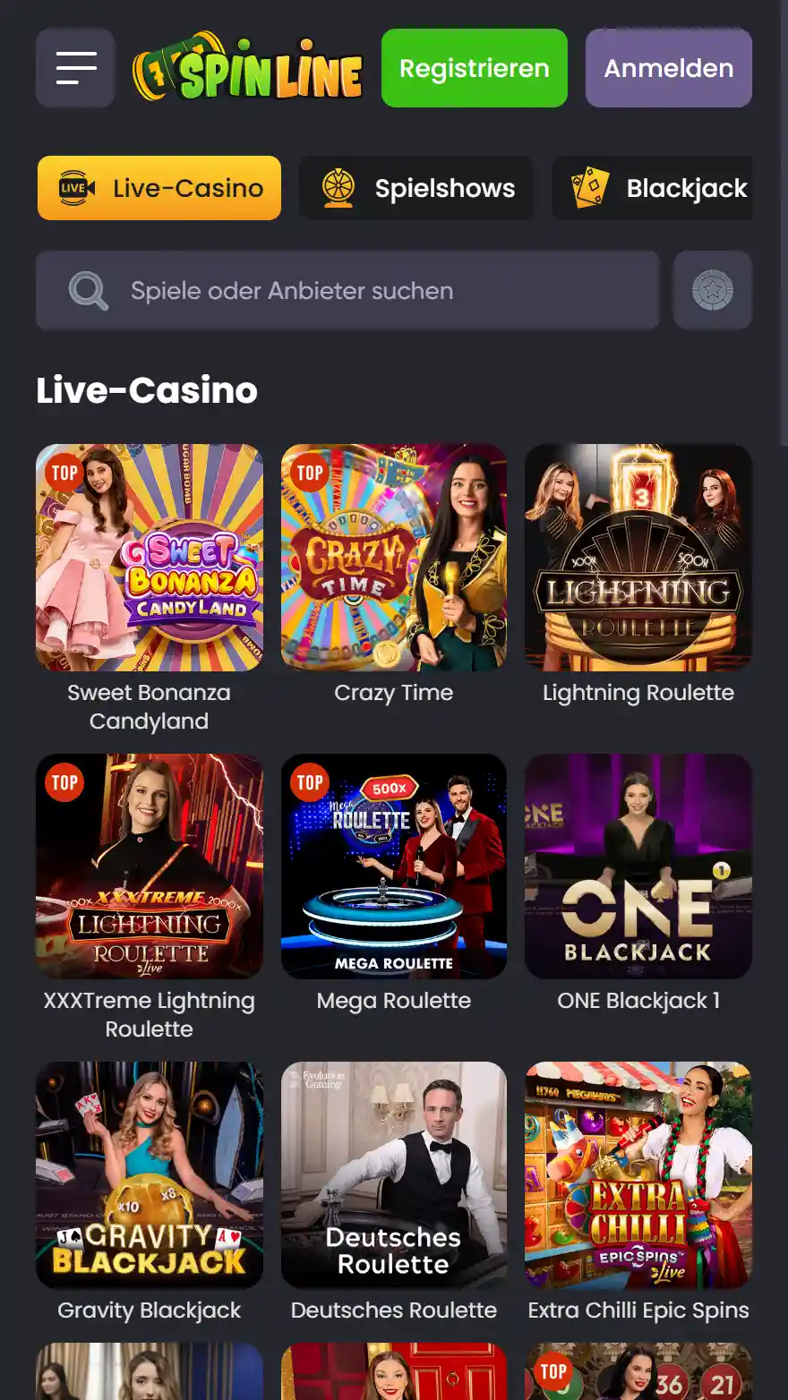 Spinline Live-Casino-Seite