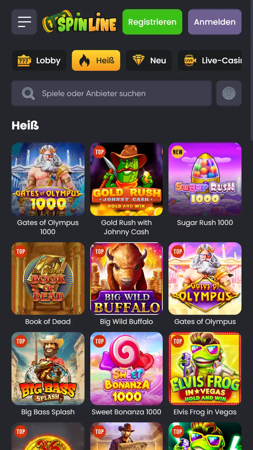 Spinline Casino-Spieleseite